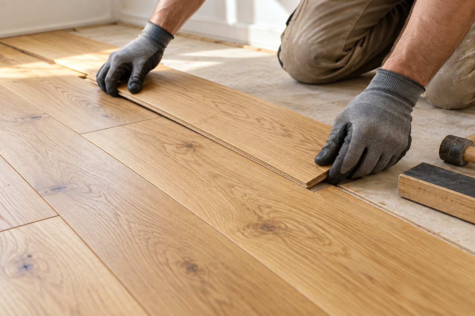 Hands fitting a natural oak floorboard