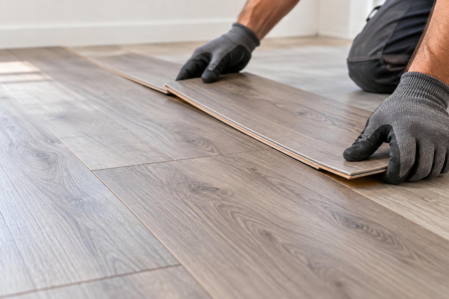 Hands installing a wood-look plank floor