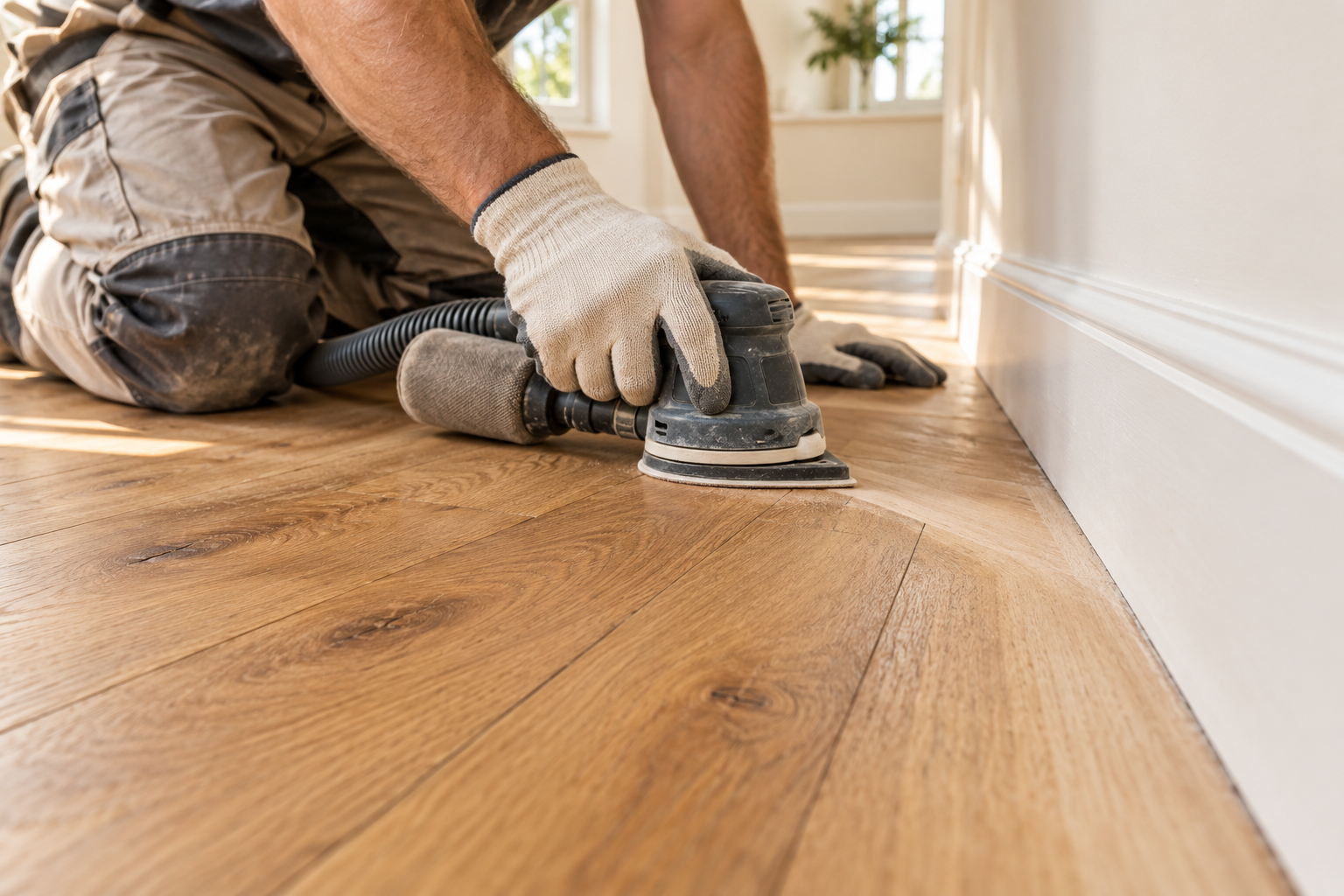 Edge sanding a hardwood floor with a compact sander
